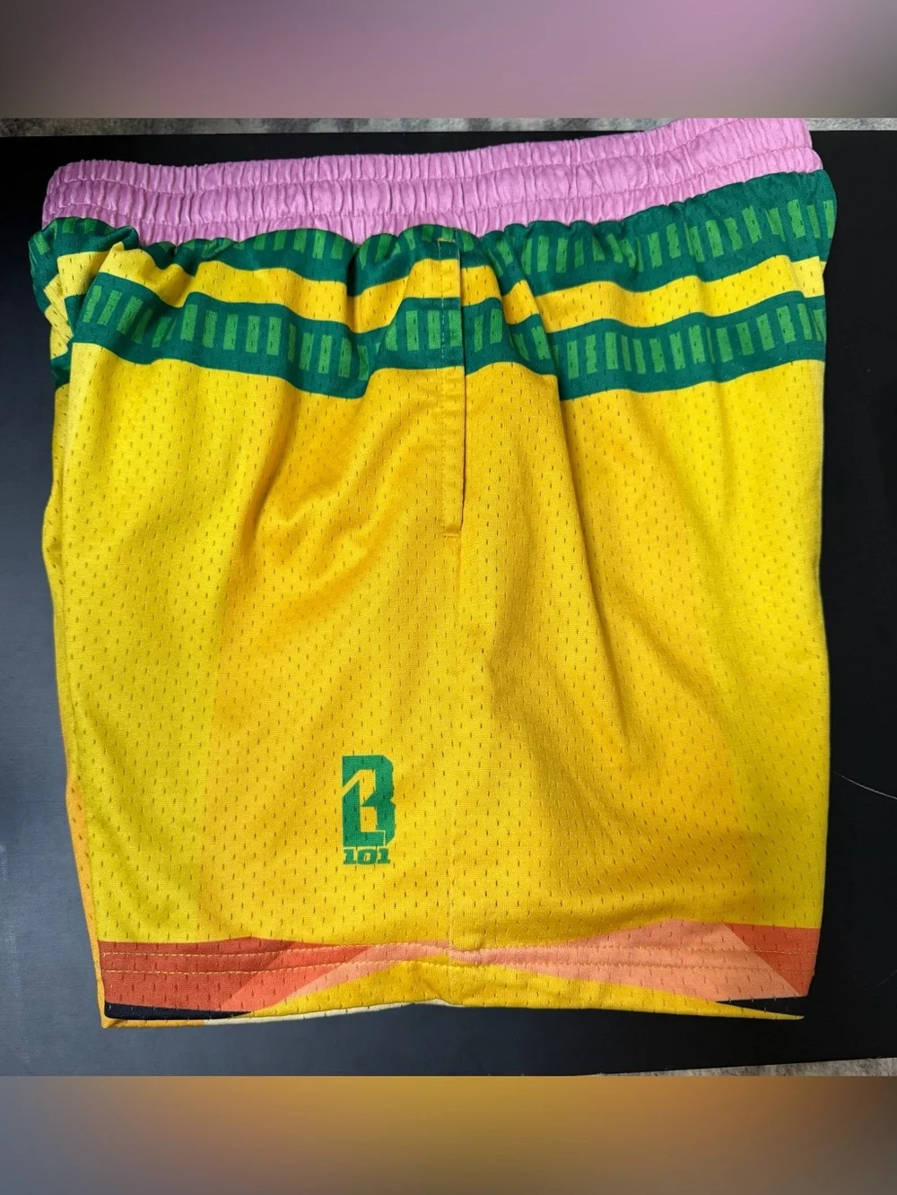 Kids Yellow Athletic Shorts with Pink Waistband and Green Trim
